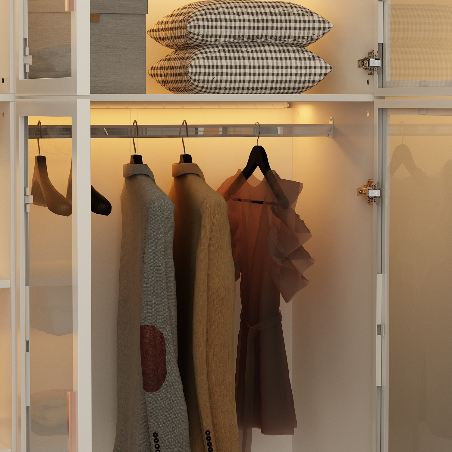 WIAWG Bedroom Wardrobe with Lights, Armoires Closet Storage Cabinet with Hanging Rod and Glass Doors, White