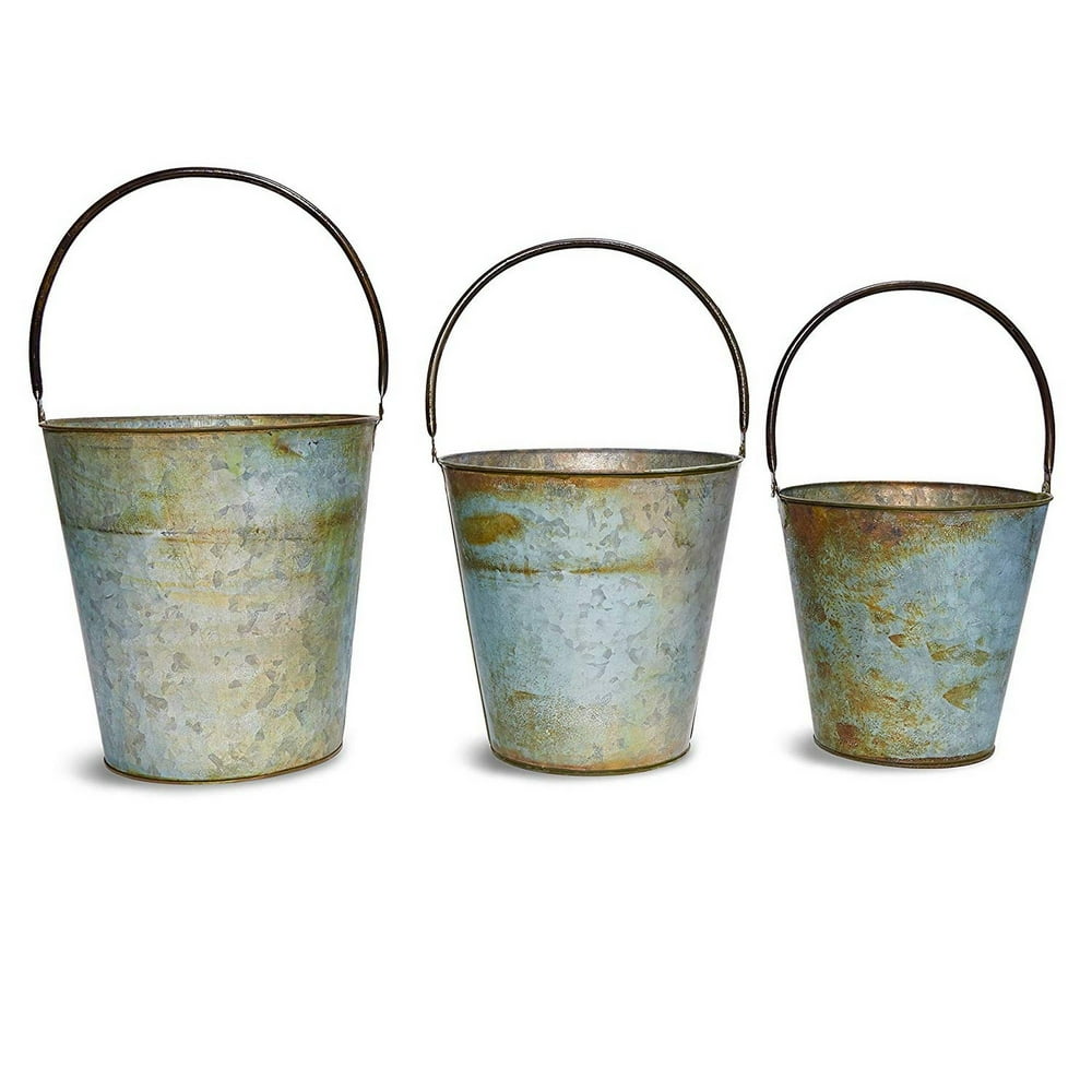 3Pack Galvanized Rustic Metal Buckets with Handles for Planters and