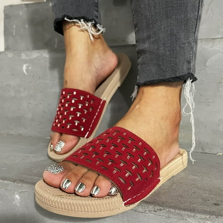 

Bgmi Female Summer Light and Breathable Hollow Rhinestone Carved Room Flat Slippers