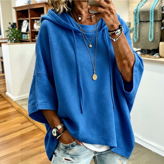 Sweatshirts for Women Trendy 3/4 Sleeve Hoodies Lightweight Pullover Baggy Tops Solid Color Spring Fall Outfits Blue 2XL