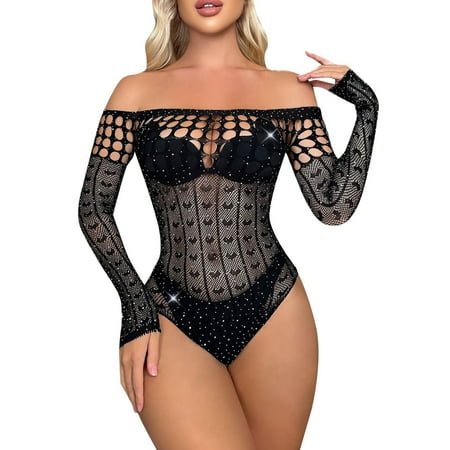 Yuhangmm Womens Solid Color Sexy Hollow Heart Full Bikini Fishing Net Hot Underwear No Take Off Tight Mesh Cloth Bustier Corset Lingerie Set for Women