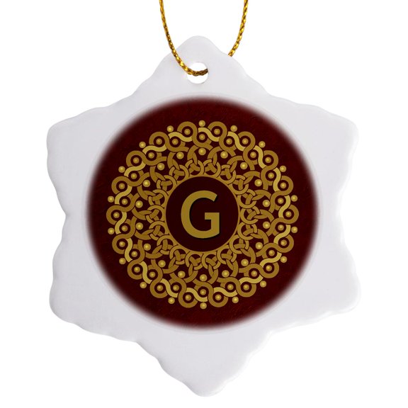 3drose, Monogram G Tan and Coffee Mandala on Warm Chocolate Muted Grunge Damask, 3 inch Snowflake Porcelain Ornament