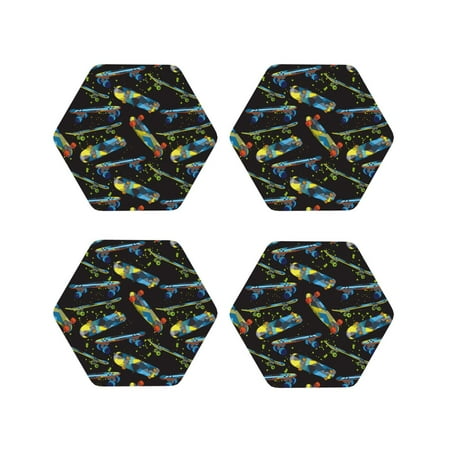

Qekee Colorful Skateboard Print PU Leather Absorbent Coasters Leather Coasters Set for Cups Drinks 4 Coasters 4 Pcs for Coffee Bar Home Decor-Hexagon