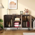 thumbnail image 4 of Sideboard, unique three-door sideboard with ample storage space. Doors in veneered wood with embossed pattern. Includes adjustable shelves. With gold handles and iron feet, 4 of 6