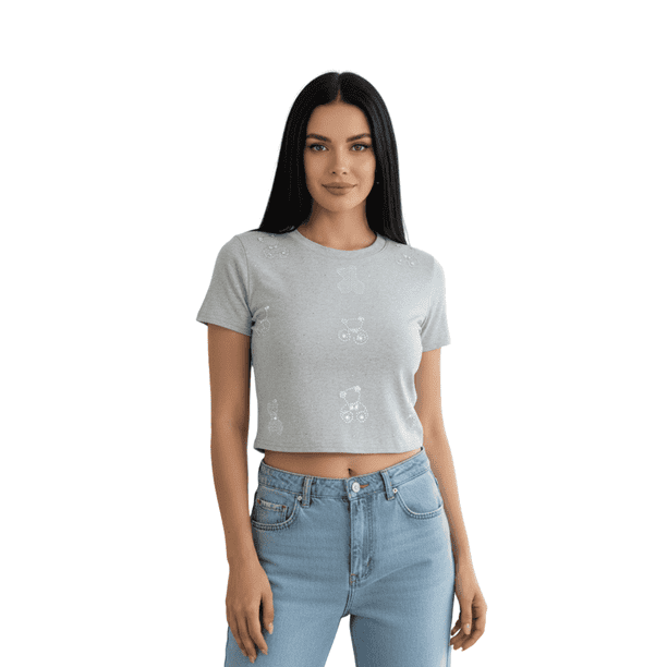 Blusa Crop Top Con Estampado De Ositos Y Detalles Brillantes