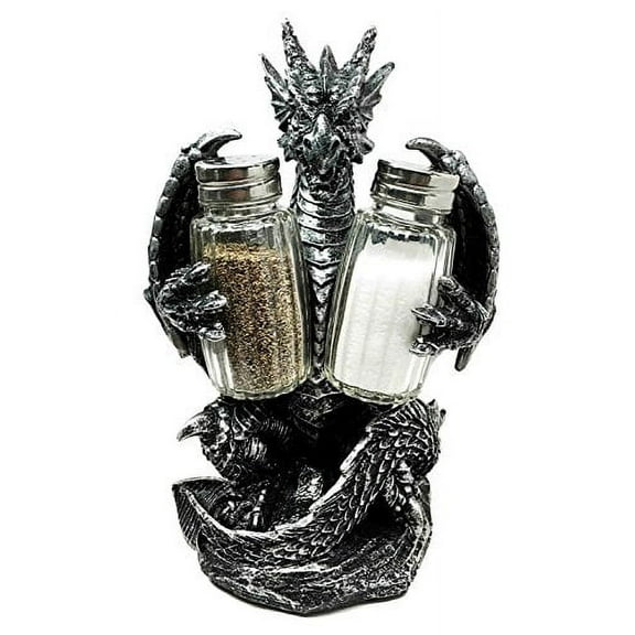 Medieval Gothic Dragon Blackened Spice Salt Pepper Shaker Set Holder Figurine