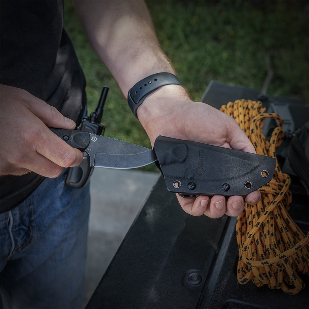 GRITR Scout Hunting EDC Drop Point Fixed Blade Knife w/ Kydex Sheath, BL