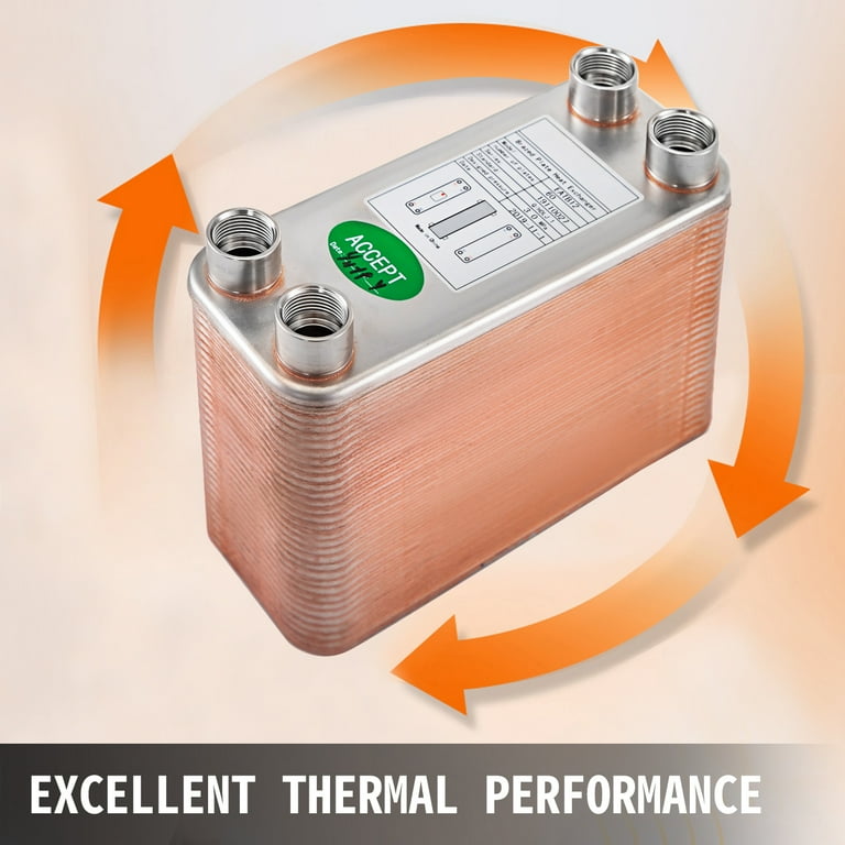 VEVOR Plate Heat Exchanger, 3x7.5 30 Plates Water To Water Heat Exchanger  Copper/316L 1/2 MNPT Hydronic Heating Exchanger for Floor Heating, Water  Heating, Snow Melting - Walmart.com
