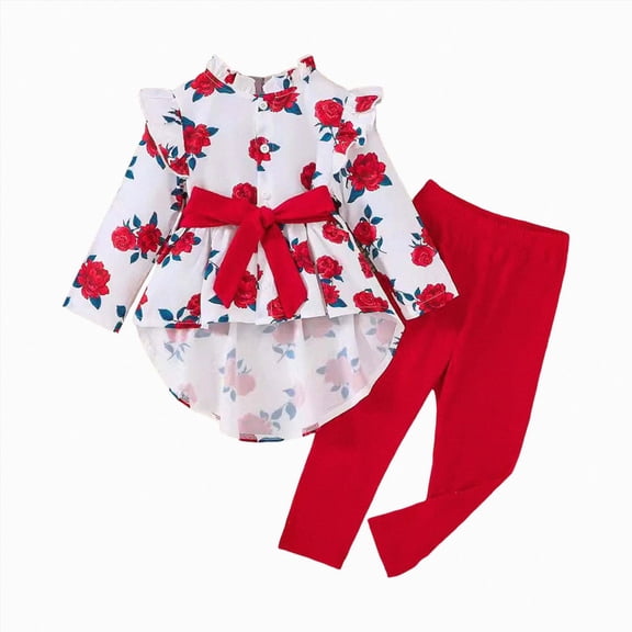 NIEWTR 2 Piece Clothing Set Toddler Baby Girl Soft and Stretchy Outfit Ruffle Long Sleeve Shirt Tops with Pants Clothes(A-Red, 2-3 Months)