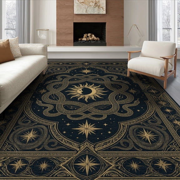 ODIKA 8'x10' Washable Area Rug Non-Slip Chair-Friendly Mat Gothic Star Frame Snake Intertwined Celestial Artwork Vintage Style for Dining Room, Large Office, Lounge