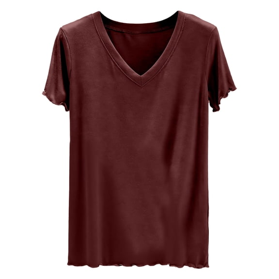 qucoqpe Summer Tunic Tops for Women Fashion Casual Solid Color V-Neck Ruffle Short Sleeve T-shirts Trendy Vacation Walk Blouses Loose Fitting Basic Tee