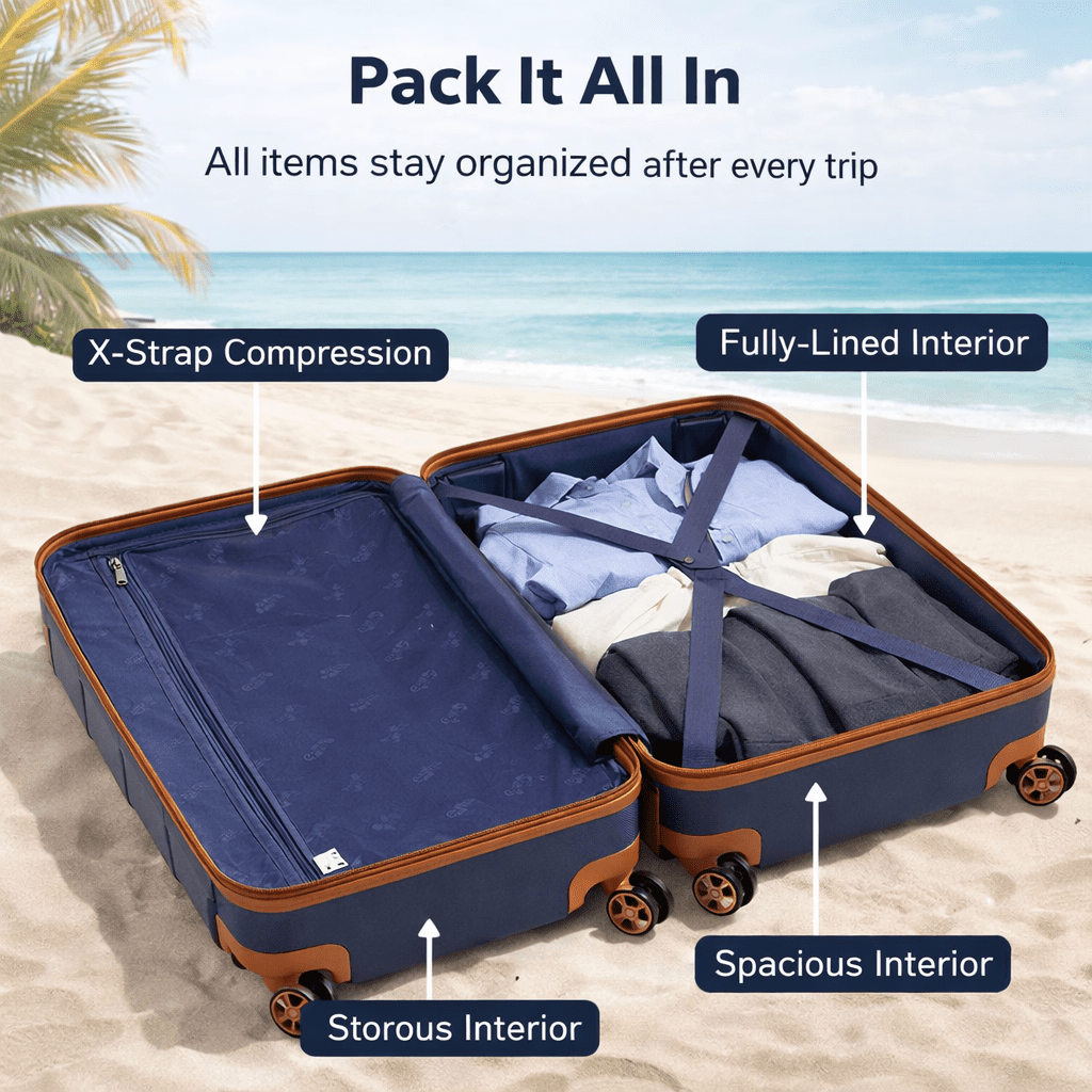 Em Yeraz   3-Piece Adult Luggage Set, Hardshell ABS+PC Suitcases with Spinner Wheels, TSA Lock & Zipper Travel Bags (20”, 24”, and 28”),