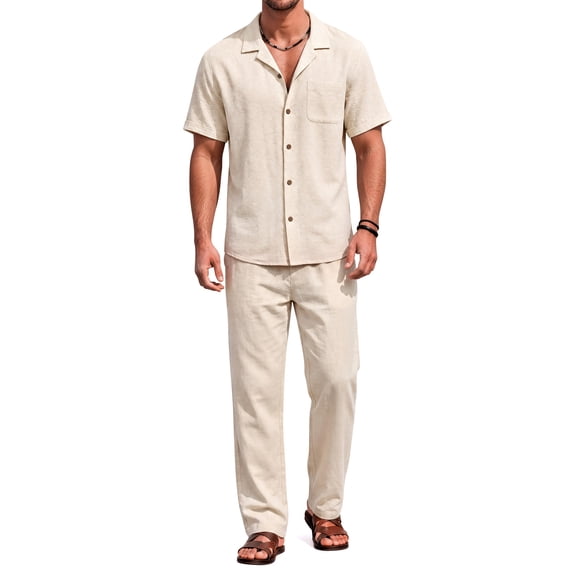 GENTS BLISS Men 2 Piece Set Linen Outfit Casual Short Sleeve Button Down Shirt and Linen Pants