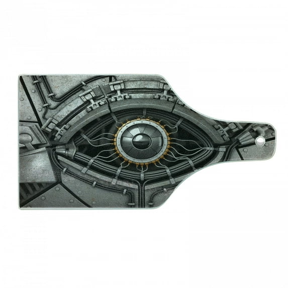 Eye Cutting Board, Robot Eye with Wires Futuristic Technology Cyborg Mechanical Industrial, Decorative Tempered Glass Cutting and Serving Board, Wine Bottle Shape, Charcoal Grey, by Ambesonne