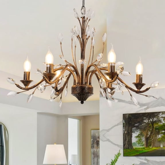 FINE MAKER 27 inch 6 light American retro crystal candle chandelier