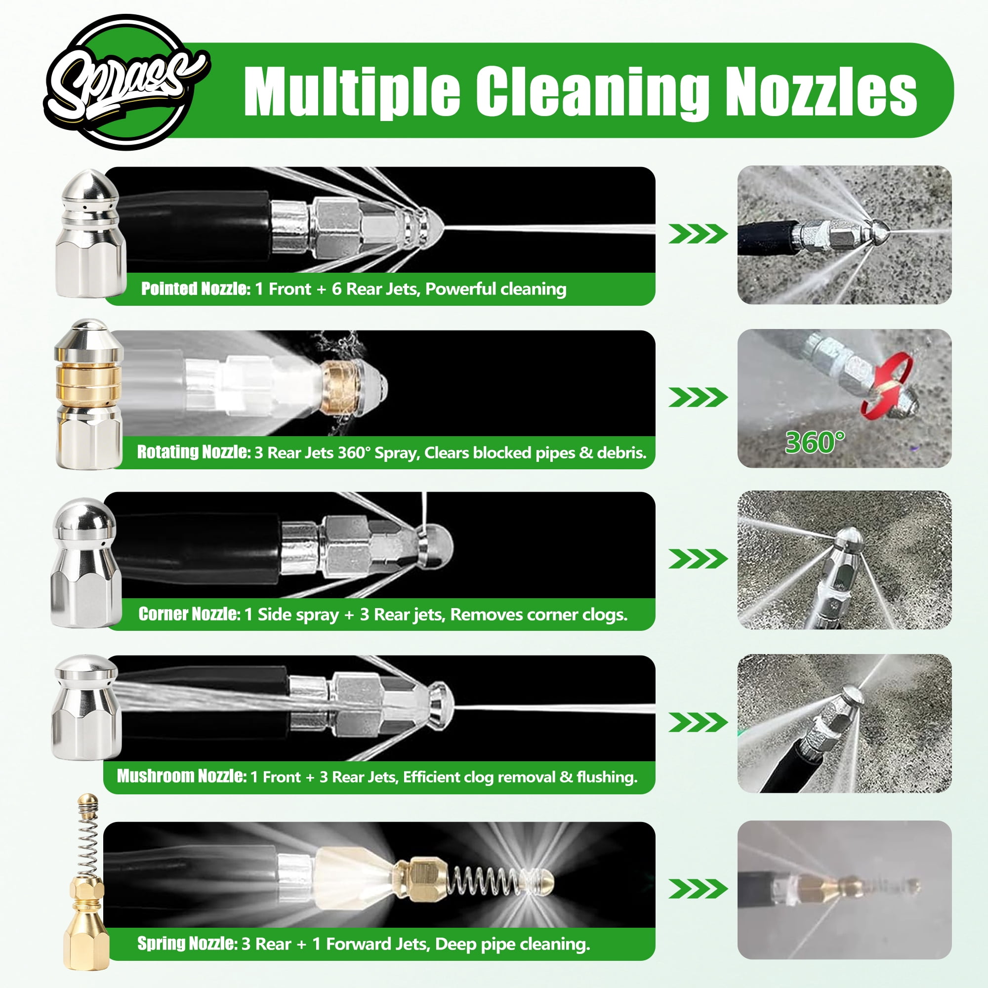 Sewer Jetter Kit for Pressure Washer, 50FT High Pressure Drain Cleaning Hose with Rotating, Corner & Button Nozzles, 5800 PSI Water Jet Sewer Cleaning Tool