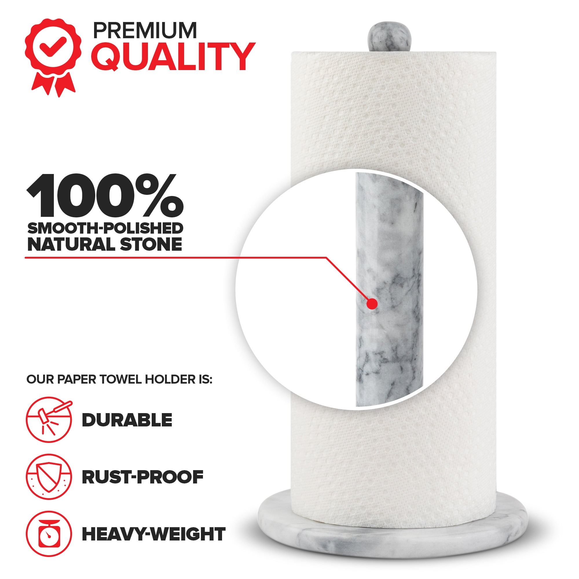 Modern Innovations Marble Paper Towel Holder Countertop Stand in White, for Kitchen and Bathroom, Heavy-Weight, Free-Standing, Fits Standard or Jumbo-Sized Roll