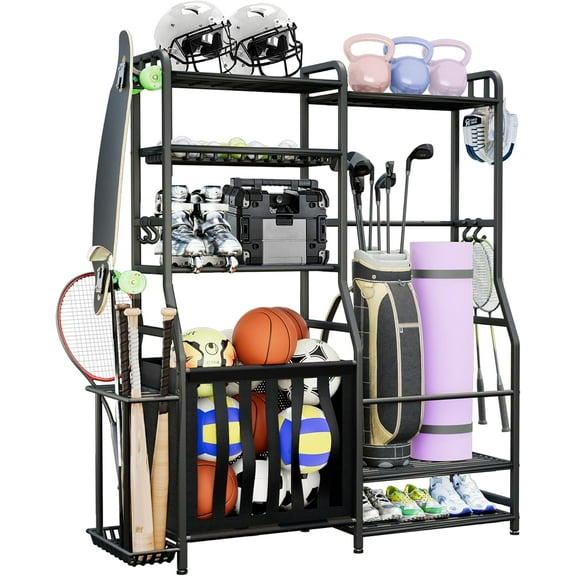 Garage Sports Equipment Organizer, Golf Bag Storage Rack, Heavy Duty Ball Holder with Basket & Hooks, Indoor/Outdoor Basketball Storage Bins for Toy Sports Gear Storage