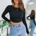 thumbnail image 2 of XFLWAM Women's Crew Neck Ruched Side Drawstring Crop Top Long Sleeve Ribbed Fitted Crop T-Shirt Cute Solid Color Bodycon Tops Black M, 2 of 7