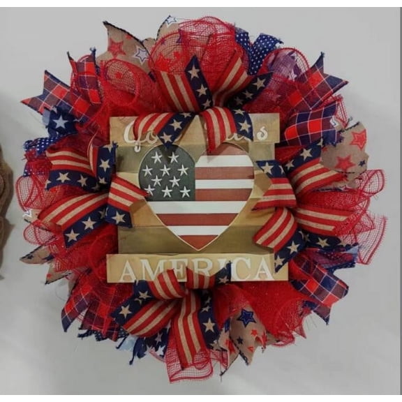 Dmlowu 4th of July Decorations 16" Wreath Exquisite Door Hanging Patriotic Wreath Handcrafted Red White and Blue Wreath for Memorial Day Party, Red White and Blue Wreath