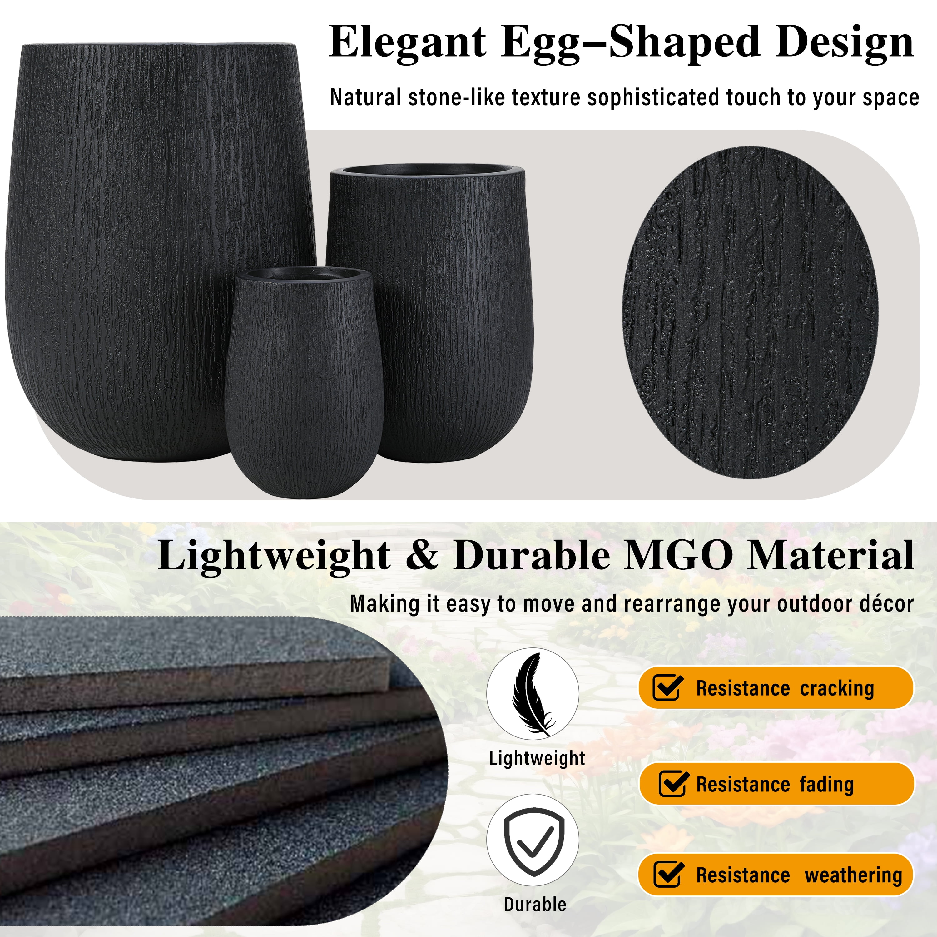 Mintazer Modern Planter Set of 3, 15.6"/10.8"/7.3" Stackable Flower Pots with Drainage Holes, Stone-Look Textured Decorative Plant Pots for Indoor & Outdoor, Black