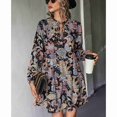 thumbnail image 3 of Vestido estampado de mujer, manga larga, cuello en V, lazo, estampado de flores de anacardo, cintura media, vestido con estampado floral para mujer para otoño invierno negro L, 3 of 8