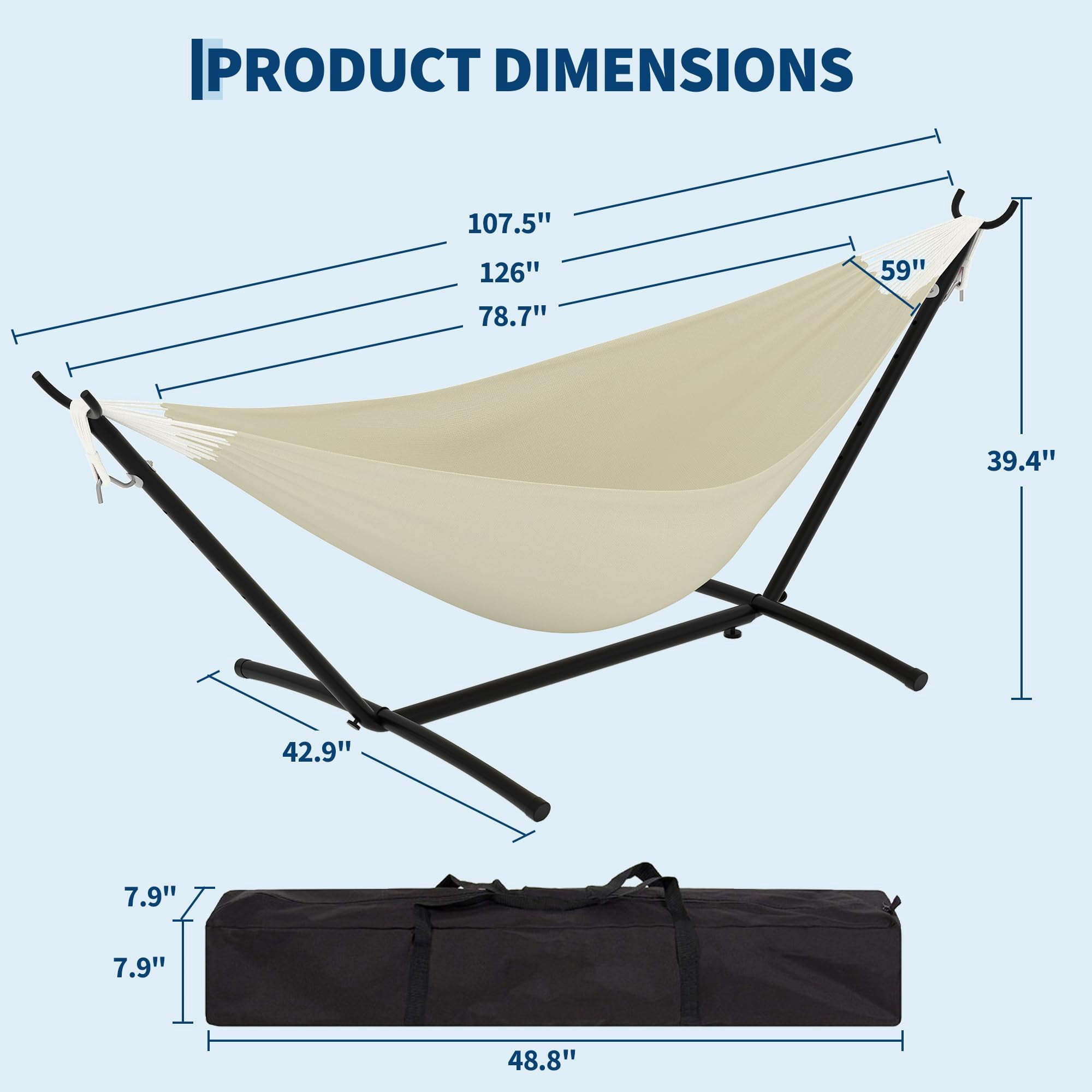 Portable Hammock with Stand, 500 lbs Capacity Hammock for Indoor & Outdoor Use, Includes Carry Bag & Adjustable Steel Frame(Beige)