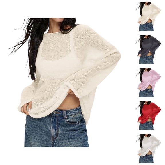 Sweaters for Women Knit Pullover Oversized Casual Cozy Autumn Fall Outfit Women Oversized Long Sleeve Sheer Mesh Knit Sweater Tops Summer Loose Hollow Out Pullover Shirt Beach
