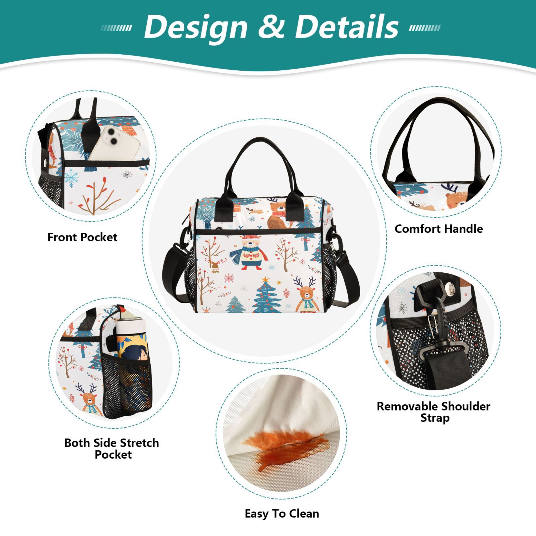 Lunch Bag Insulated Lunch Box Leakproof Reusable Cooler Tote Adjustable Shoulder Strap for Men Women Snowflakes Deer Bear Trees 9L