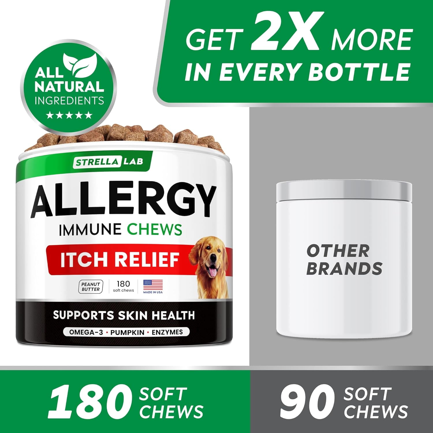 StrellaLab Dog Allergy Relief & Anti Itch Relief for Dogs Chews with Omega 3 - Skin & Coat Immune Supplement with Fish Oil, Pumpkin & Enzymes — Developed by Experts - Made in USA - 180 Count