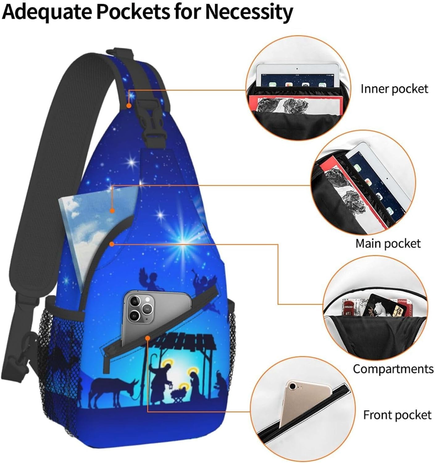 Nativity Scene Birth Of Jesus On Christmas Sling Bag Crossbody Hiking Travel Chest Bags Backpack Shoulder Daypack for Women Men