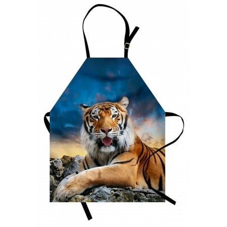 

Tiger Apron Calm Siberian Large Cat with Beautiful Sunset Resting on a Boulder Relaxed Beast Unisex Kitchen Bib Apron with Adjustable Neck for Cooking Baking Gardening Multicolor by Ambesonne