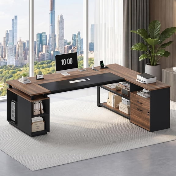 71" Executive Desk with Lockable File Cabinet, Large Office Desk with Power Outlets, L Shaped Computer Desk with CPU Stand and Storage Shelves ,Modesty Panel, Walnut