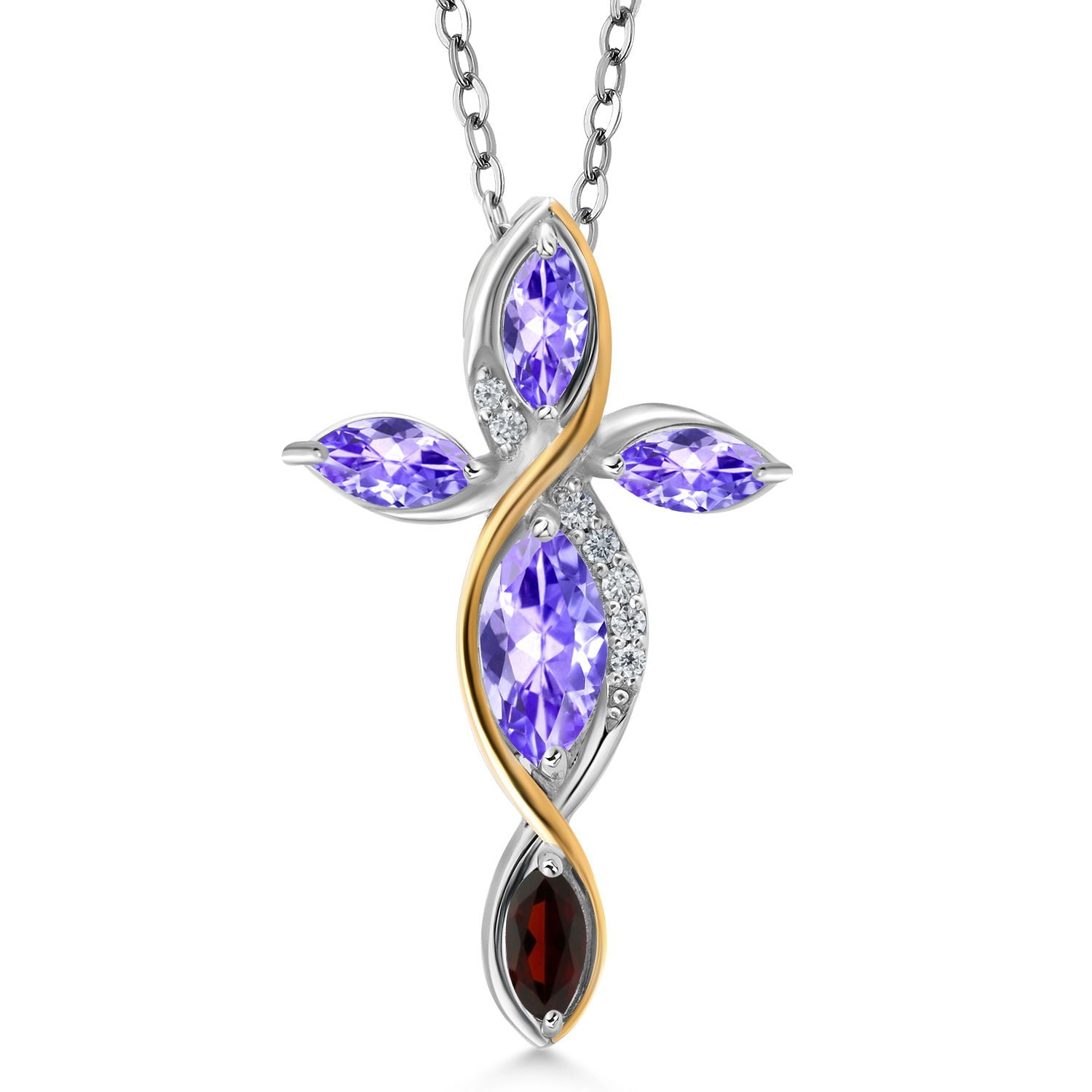 Gem Stone King Cross Necklace for Women in 925 Silver and 10K Yellow Gold with Blue Tanzanite and Red Garnet | 1.44 Cttw | Jesus Christian Religious Crucifix | Marquise 8X4MM | With 18 inch Chain