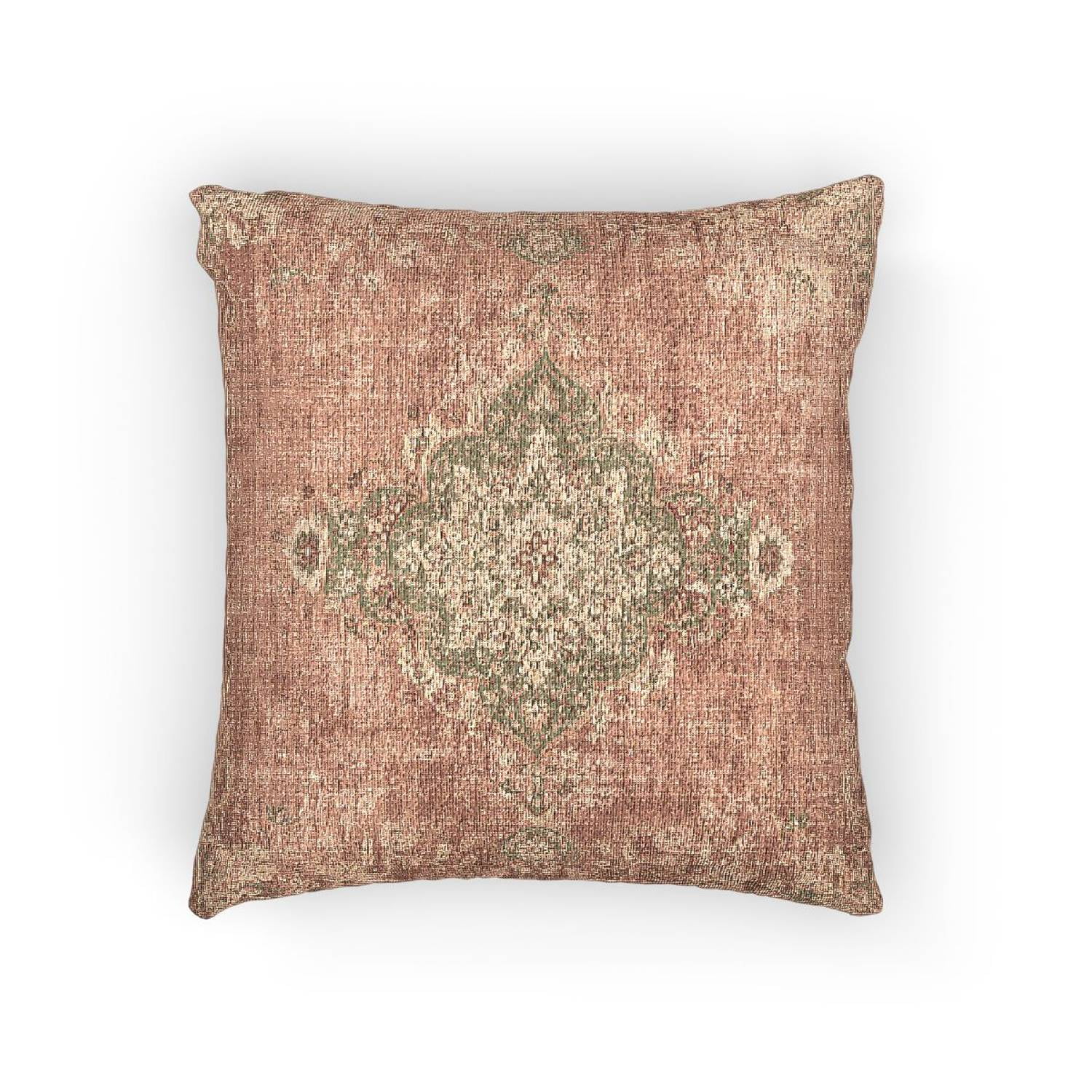 Dusty Rose and Sage Ornate Medallion Decorative Woven Pillow Cotton-Polyester Shell Vintage-Inspired Style