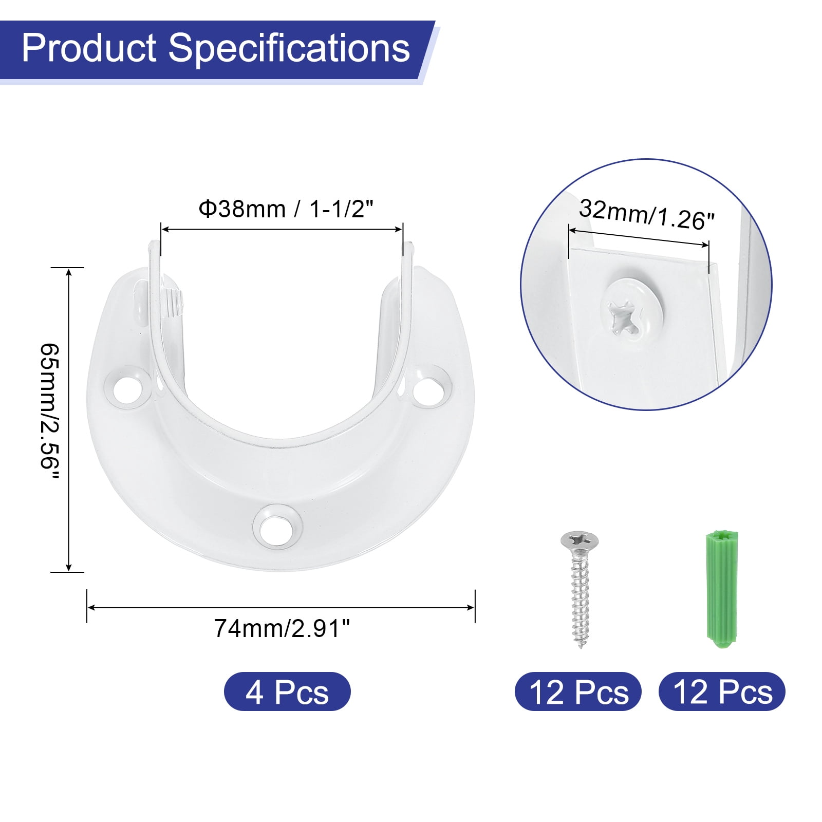 Uxcell 4 Pcs 1-1/2" inch Closet Rod Bracket Stainless Steel U-Shaped Rod Socket Flange Closet Rod Holder  White