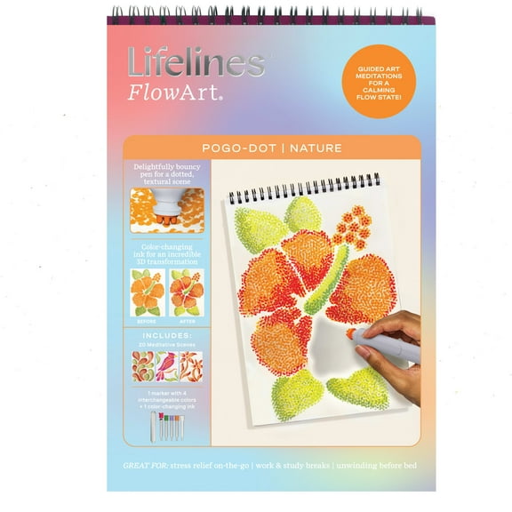 Lifelines FlowArt Pogo-Dot Activity Pad, Guided Dot Art Meditations with 5 Pogo Markers, Nature Scenes, 20 Pages