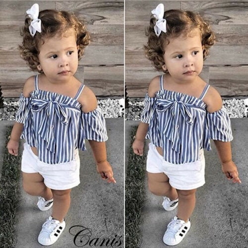 Toddler Baby Girls Shorts Set Off Shoulder Clothing Halter Ruffle Top Striped Button Short Summer Clothes Outfits