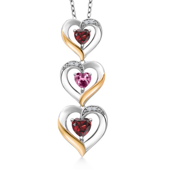 Gem Stone King 925 Silver and 10k Yellow Gold Red Garnet Pink Tourmaline and White Lab Grown Diamond Triple 3 Heart Shape Pendant Necklace for Women (1.16 Cttw, with 18 inch Chain)