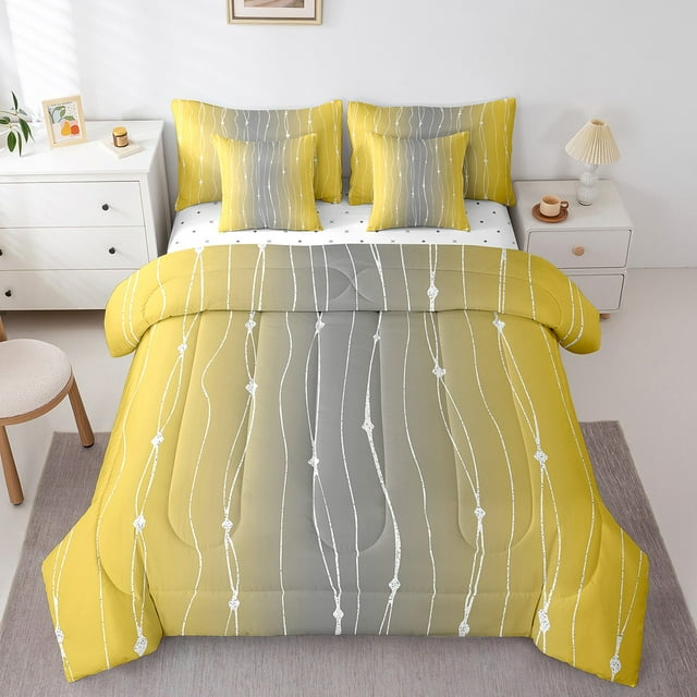 YST Ombre Gradient Comforter Set, Yellow and Grey, 7-Piece, Abstract Geometric Stripes, Full Size