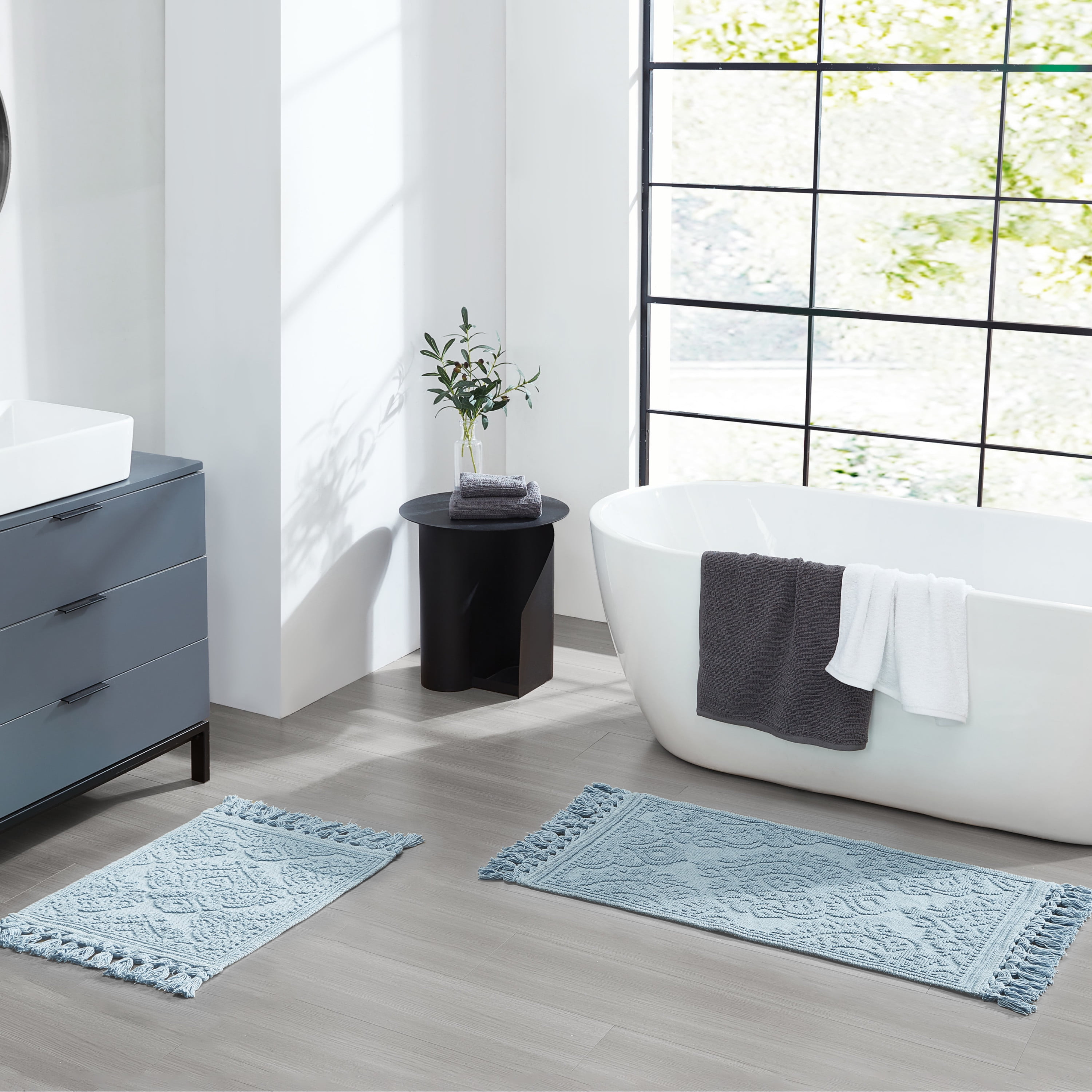 Jean Pierre Ricardo Cotton Fringe 2-Piece Bath Rug Set, Light Blue