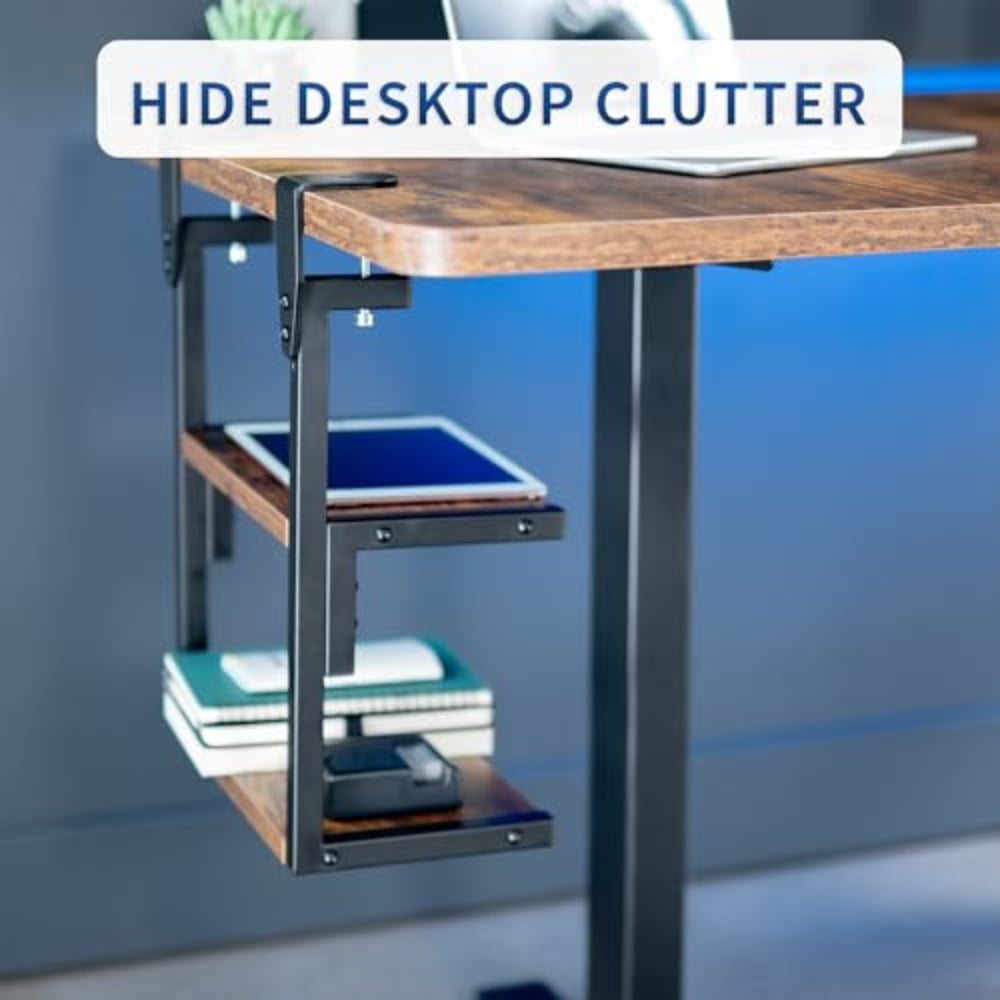 Clamp-on Above or Below Desk 2-Tier Shelving Unit for Table Accessories Gaming Devices and More Storage Tray Desktop Organizer Rustic STAND-SHELF2C-N