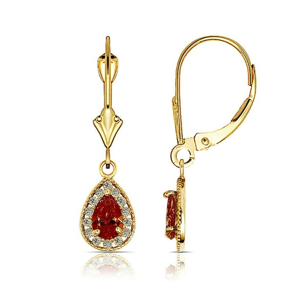 Solid 14k Yellow Gold Beaded Pear CZ Halo Dangle Leverback Earrings (6mm X 24mm) (july)-Dangle Earring for Women