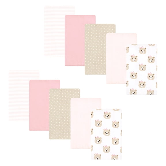Hudson Baby Unisex Baby Cotton Poly Flannel Burp Cloths, Pink Taupe Bear 10 Pack, One Size