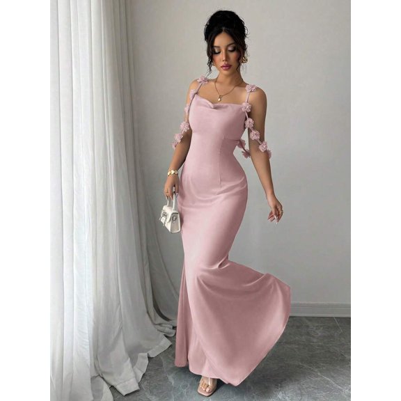 Dusty Pink Womens Satin Mermaid Dress With Floral Strap Accents Sleeveless Sweetheart Neck
