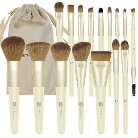 DUAIU 16-Piece Makeup Brush Set - Yellow Wood Handle Brown Bristle Brushes Travel Pouch - Premium Foundation, Blush, Eyeshadow Kit