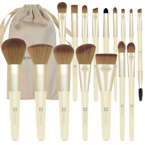 DUAIU 16-Piece Makeup Brush Set - Yellow Wood Handle Brown Bristle Brushes Travel Pouch - Premium Foundation, Blush, Eyeshadow Kit