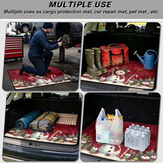 Jeiento Vintage Red Snowman Candy Cane Car Trunk Liner Wipeable Holiday Cargo Mat Anti Wear For Family Outdoor Trips