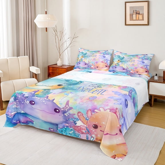 jejeloiu Lovely Axolotl Salamander Twin Sheet Sets,Watercolor Ink Painting Twin Fitted Sheet,Abstract Aesthetic Art Flat Sheet For Teens,Ultra Soft Home Decor,3 Pieces