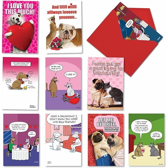 NobleWorks 10 Assorted Box Set Funny Valentine's Day Greeting Cards w/5 x 7 Inch Envelopes (10 Designs, 1 Each) Animal Attractions AC10357VDG-B1x10